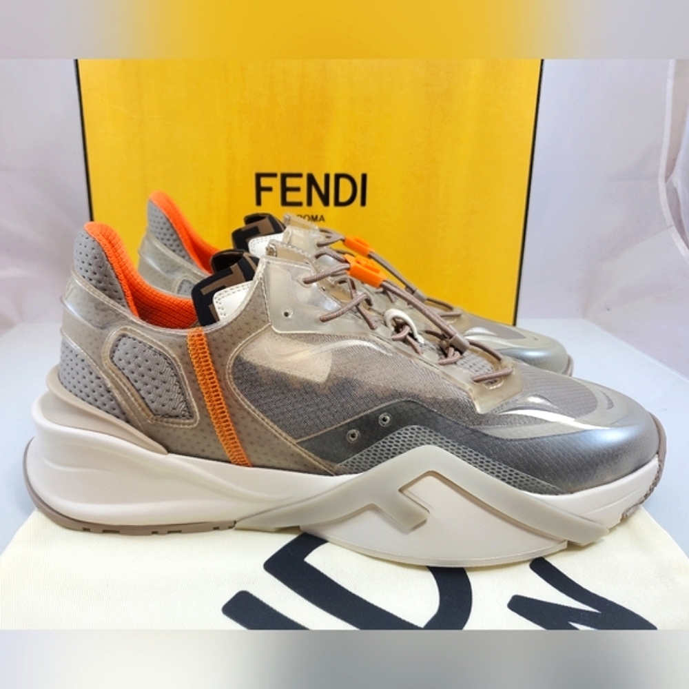 NWT$930 Fendi FLOW Beige Nylon Lowtop Leather Running Sneakers Sz US 12 Fendi 11 - Picture 9 of 16